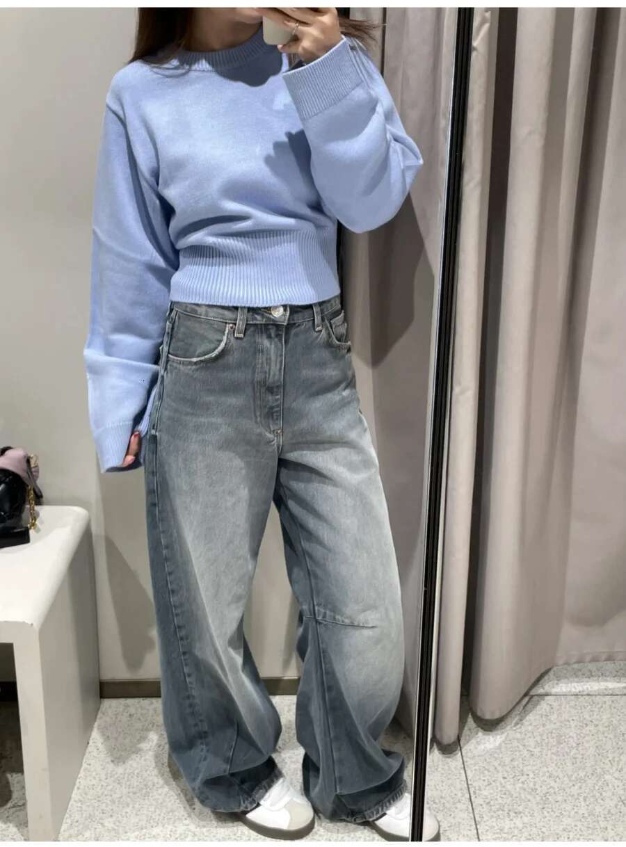 Loose Round Neck Knitted Sweater Traf 2025 New Product Ladies Ultra-Wide Ribbed Hem Long Sleeve Short Cardigan