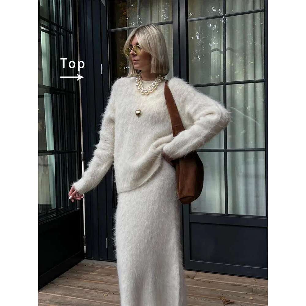Women's Wear Dress Skirt Set Women Solid Mohair Cashmere Sweater Skirt Suit Fashion O Neck Long Sleeve Knit Pullover Set Autumn Chic Lady Street 