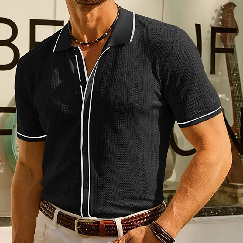 Mens button casual knitted polo shirt streetwear retro solid color long sleeved fashion patched work knitted 250103