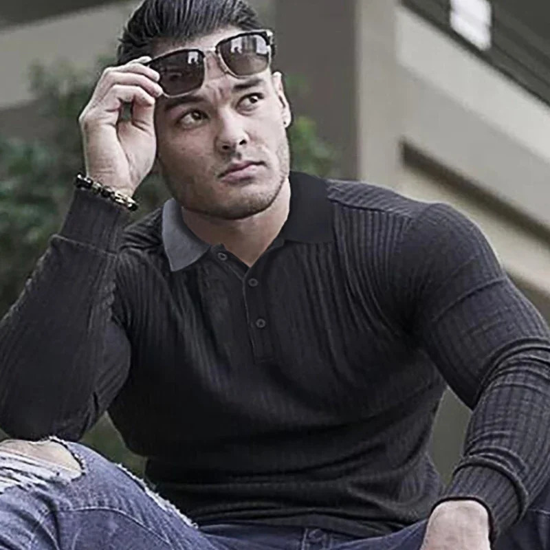 Autumn fashion knitted polo shirt mens classic white ribbed tight long sleeved polo shirt mens elastic sports shirt 250103