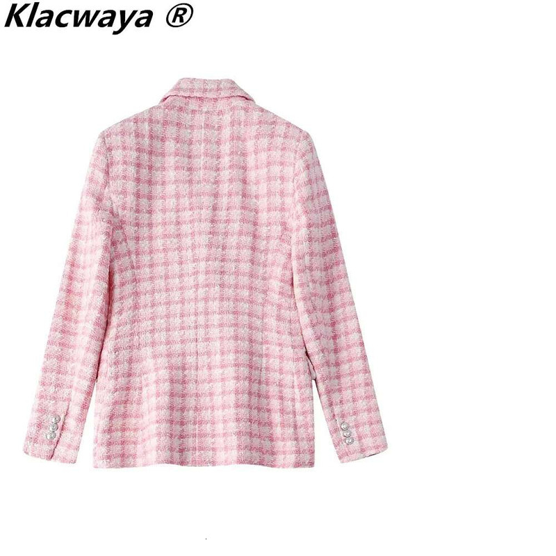 Klacwaya Jacket Pink Plaid Blazer Women Clothing Office Casual Tweed Blazers Double Breasted