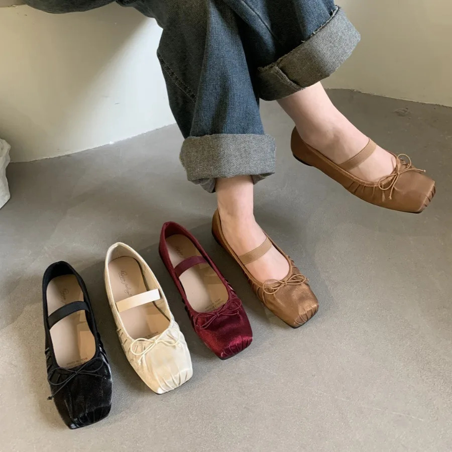 Soft Shoes Woman Flats Casual Female Sneakers Bow-Knot Square Toe Dress Ballerinas Summer Butterfly Spring Silk Solid Mary J 250106