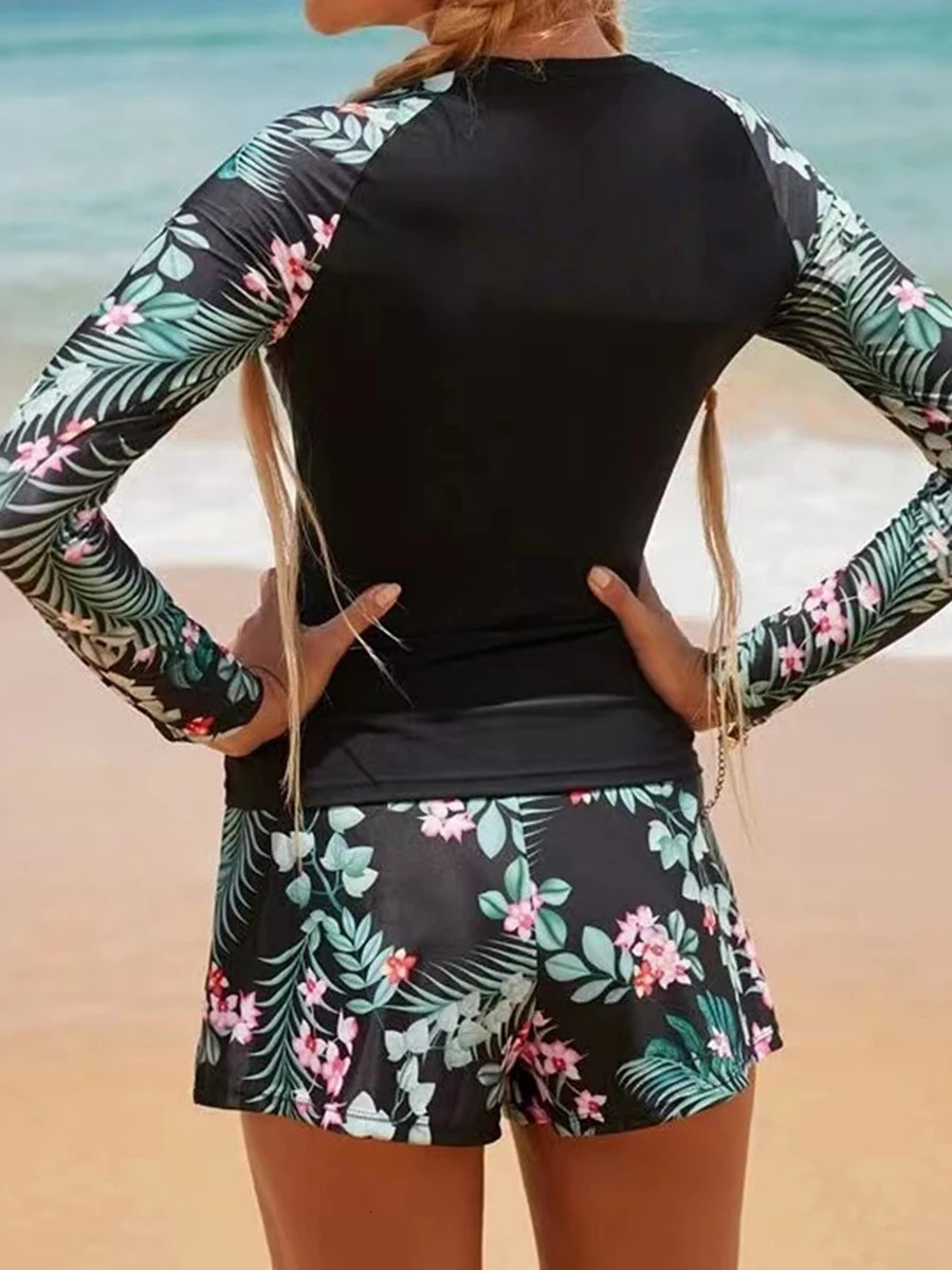 Long Sleeve Surfing Swimsuit Print Swimwear Women Two Pieces Diving Clothes Beachwear Bathing Swimming Swim Suit 250106