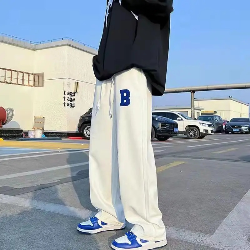 High street sports trend straight casual pants mens embroidery loose elastic waist sports drawstring pocket wide leg Trousers 250103