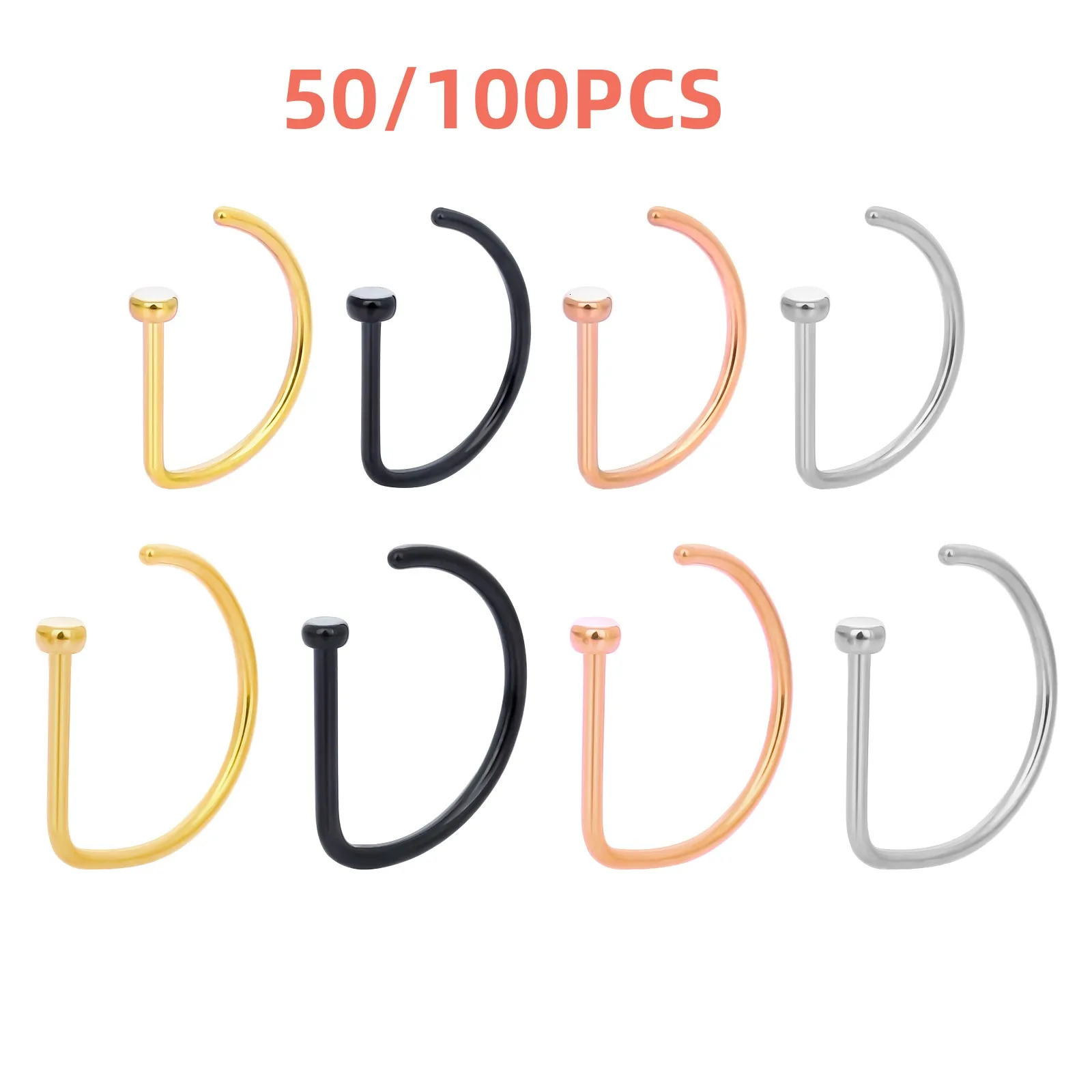 50/100PCS 316L Stainless Steel Letter D Nose Ring Nose Clip Open Ring Mens and Womens Perforated Jewelry Nose Jewelry 250103