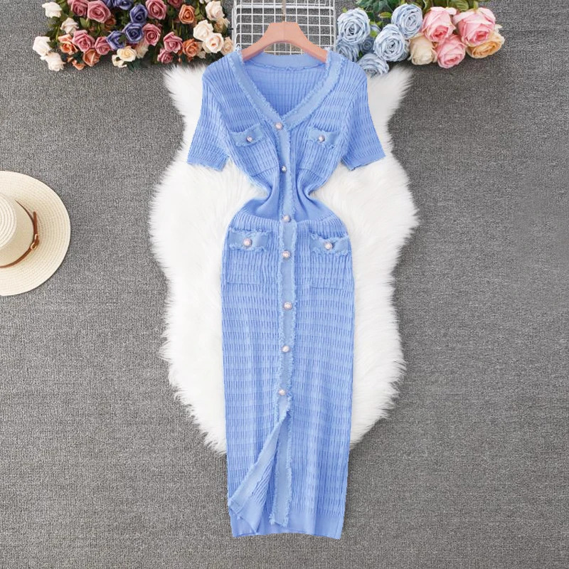 YuooMuoo 2025 Womens Knitted Long Skirt Elegant V-neck Single breasted Split Sweater Office Womens Vestidos 250103