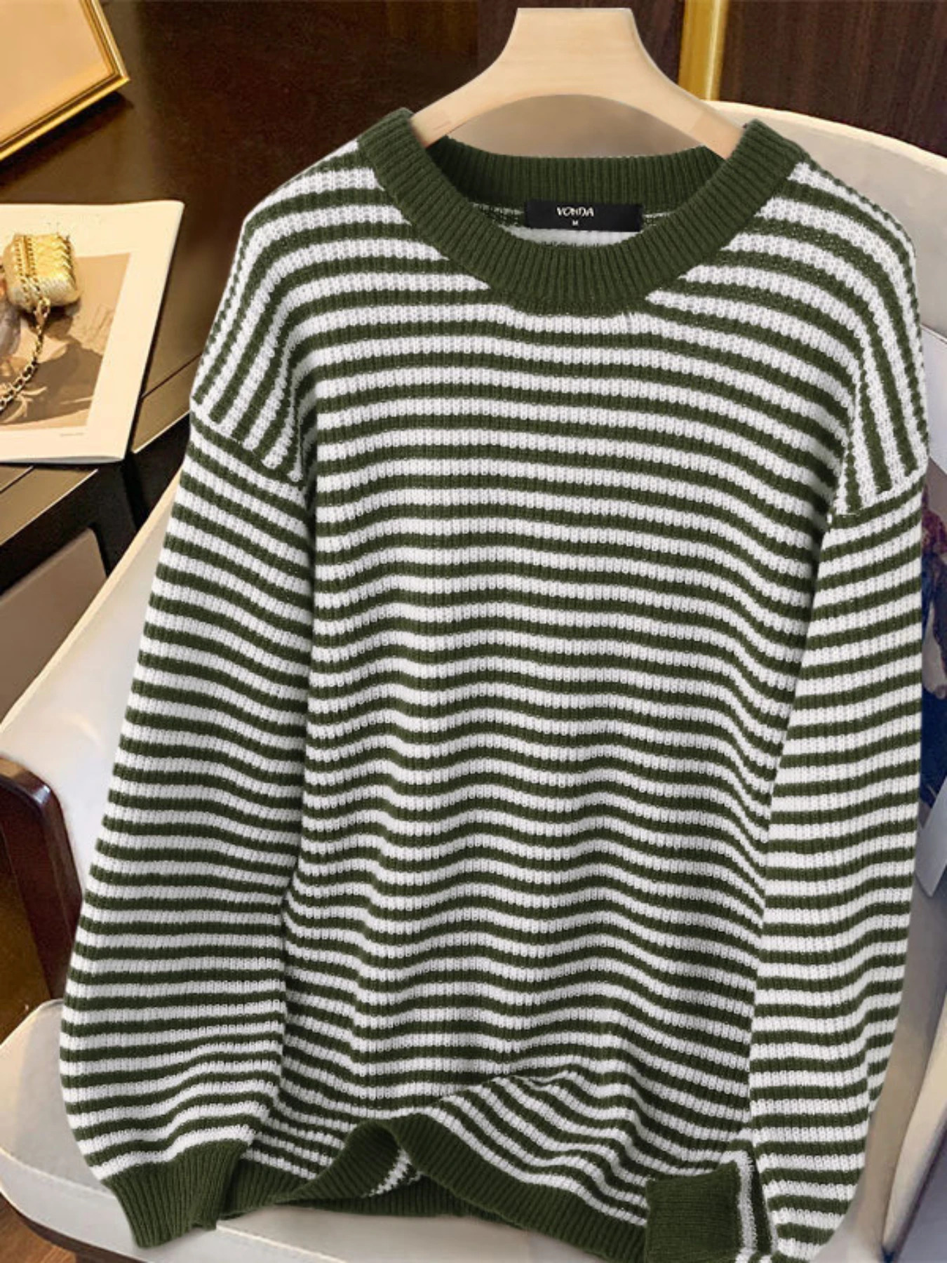 Women Striped Pullovers Autumn Round Neck Off Shoulder VONDA Long Puff Sleeve Knitted Sweater Casual Solid Fashion Jumpers 250103