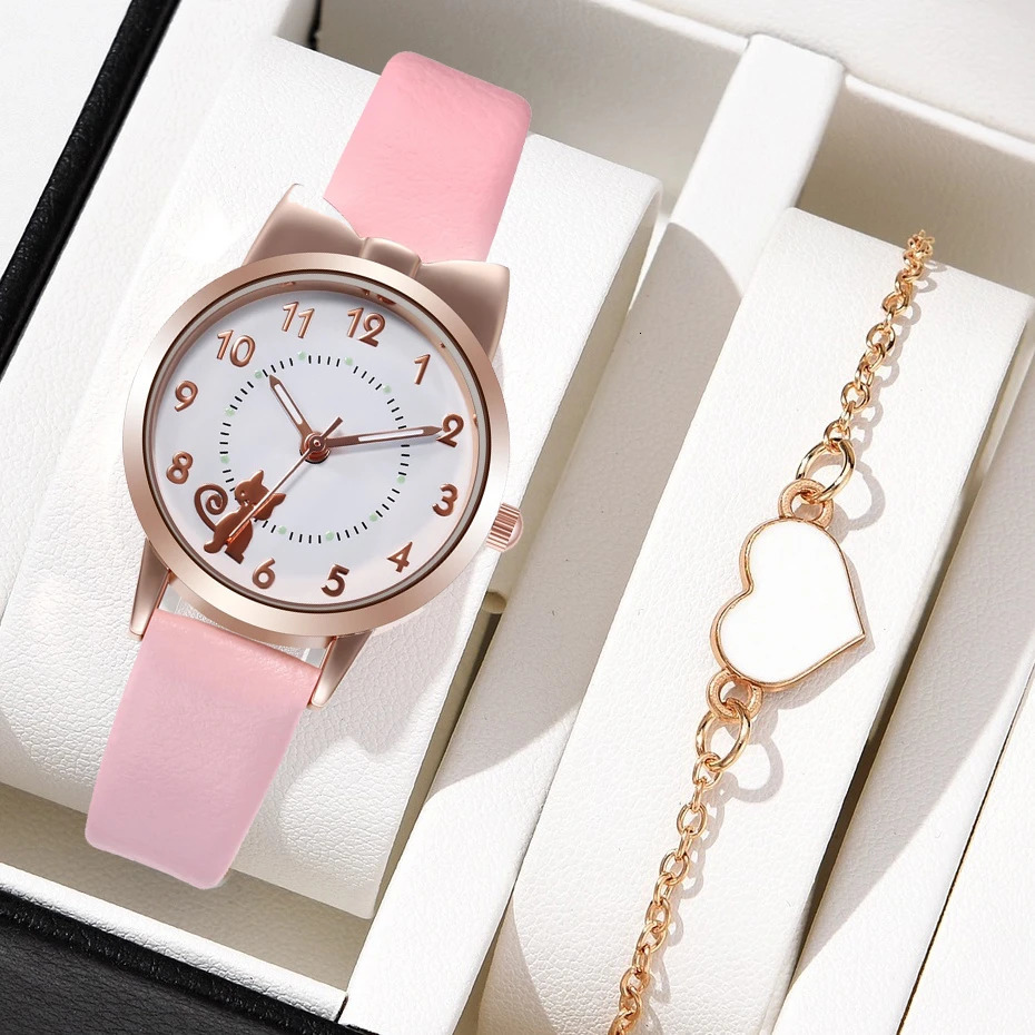 Fashion Womens Quartz Watch PU Leather Strap Student Cute Cartoon Girl WatchesJewlery Set NO BOX 241228
