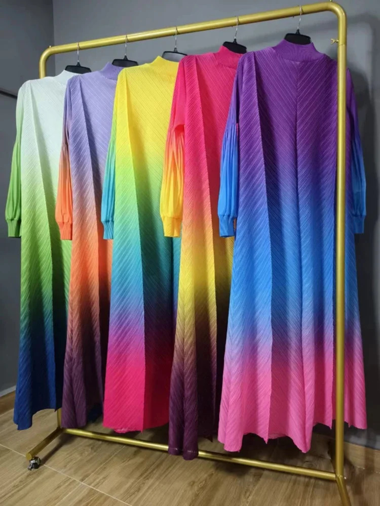 Miyake pleated Maxi long Miyake dress gradient color lantern sleeves half turtle neck womens formal dress item 250103