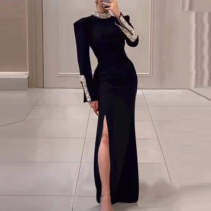 Women Elegant Solid High Slit Party Dress Temperament Long Sleeve Slim Evening Gala Turtleneck Rhinestone Banquet Dresses 250103