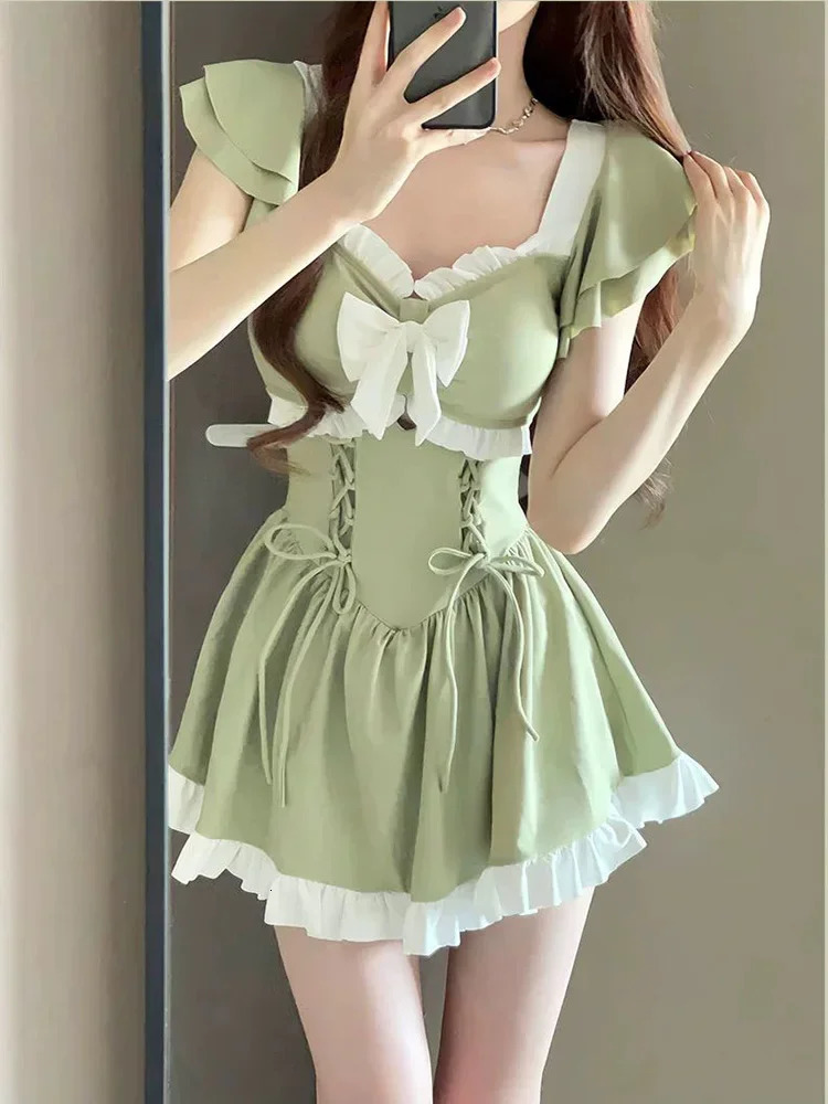 OIINAA Bow Swimming Suit Women Swimwear Sweet Girl Spliced Ruffle Lace Up Chic Fashion One Piece Bodysuit Swimsuit Bathing Dress 250106