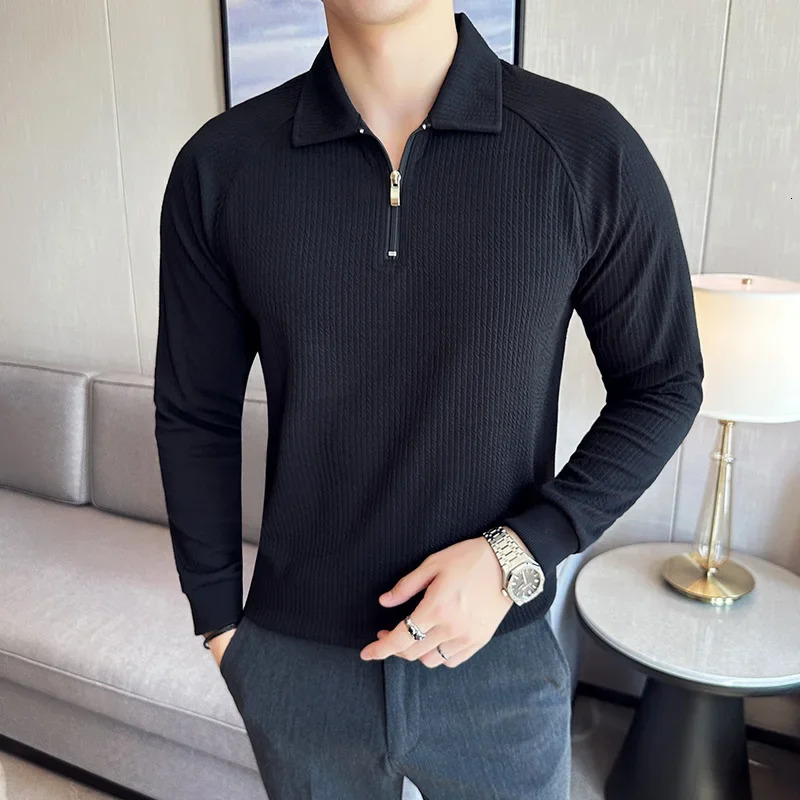 Mens high elasticity long sleeved polo shirt autumn and winter knitted floral collar slim fit solid casual T-shirt 250103