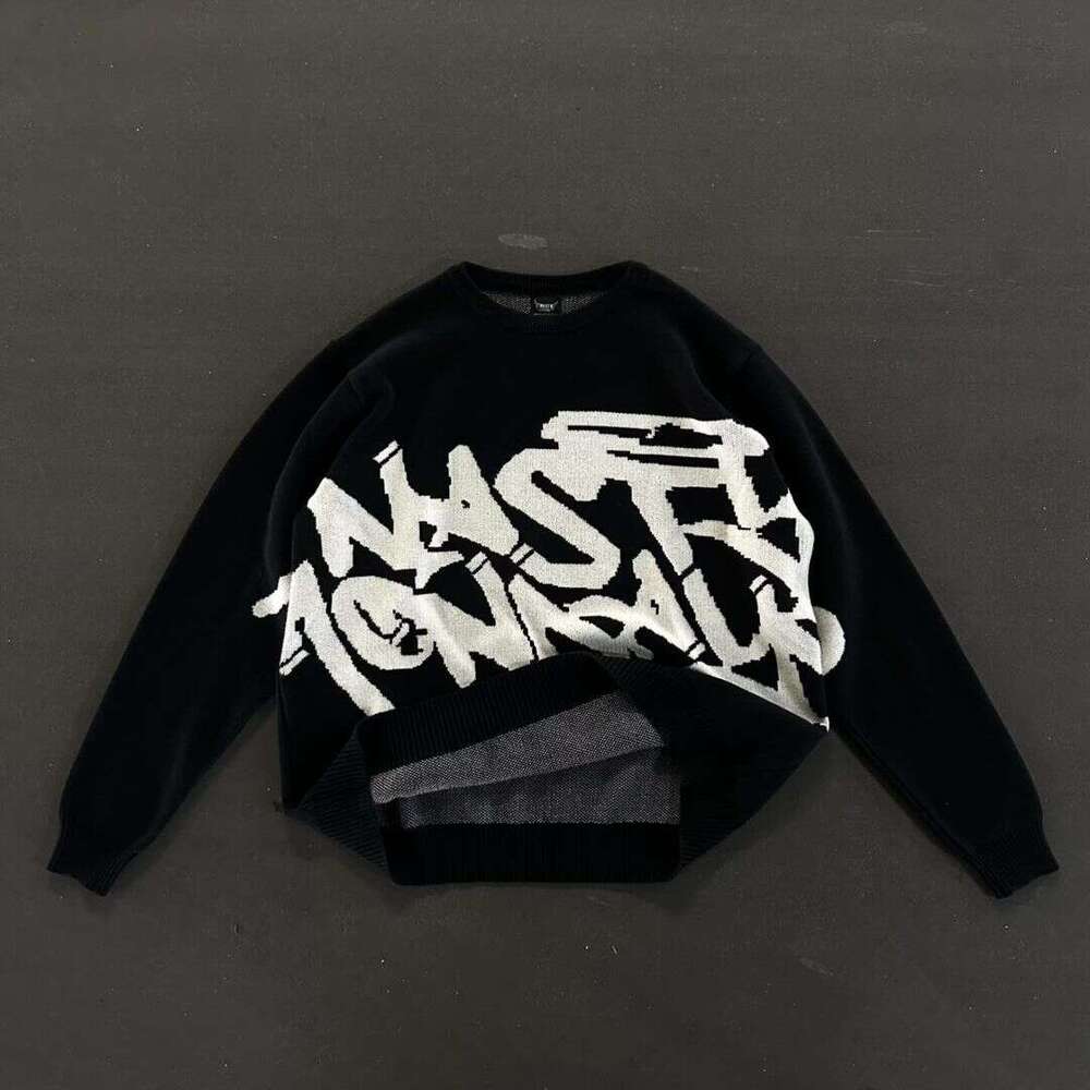 Knitted with letter jacquard pattern round neck long sleeved high street loose y2k sweater