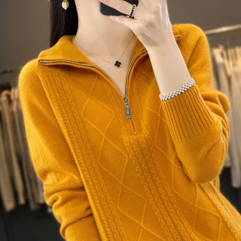 100% Merino Wool Womens Turtleneck Sweater Autumn Winter Casual Knit Loose Top Fashion Zipper Half Open Neck Cashmere Pullover 250103