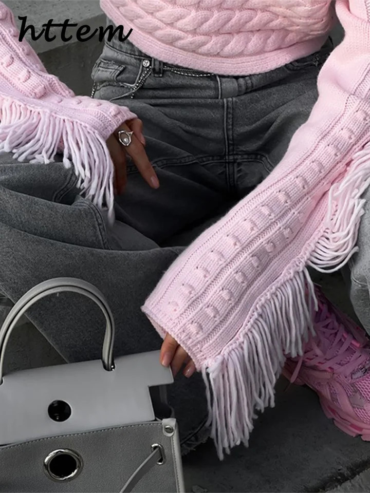 Sexy Tassels Off Shoulder Crop Twist Sweaters Women Solid Slash Neck Long Sleeve Pullover Autumn Lady High Street Sweater 250103