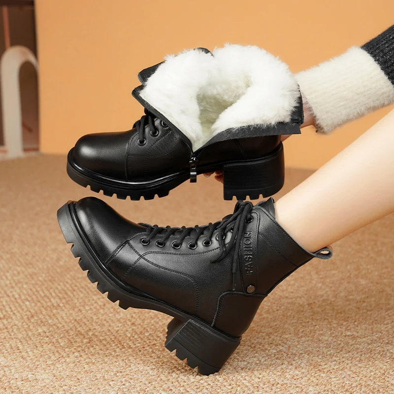 Snow Boots Women Genuine Leather Women Ankle Boots British Style Large Size Non-Slip Natural Wool Women Winter Boots