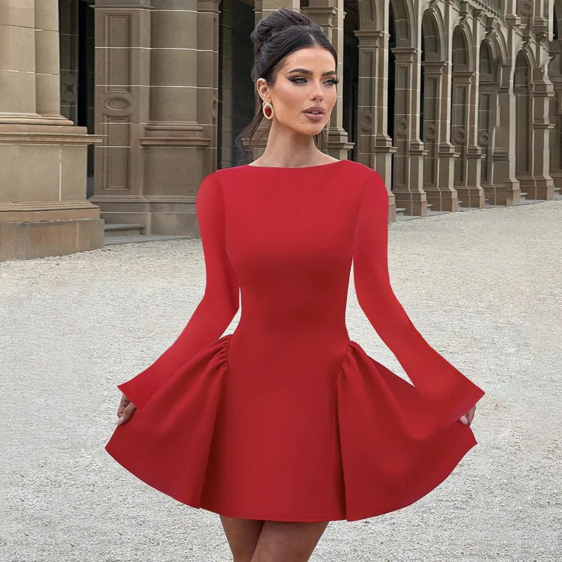 2025 Elegant Womens Mini Dress Long Sleeve A-Line Solid O-Neck High Waist Party Dress Zipper Tight Skirt N1222-3 250103
