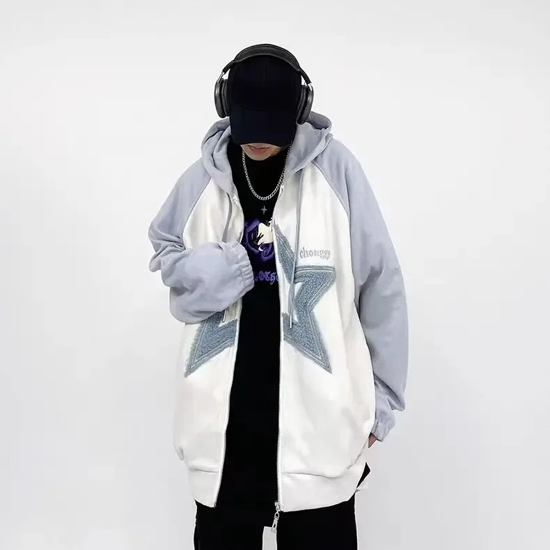 Embroidered Flocking Hoodies Women Clothing High Street Vintage Hip Hop Stitching Zip Up Hoodie Woman Loose Casual Clothes Tops 250106