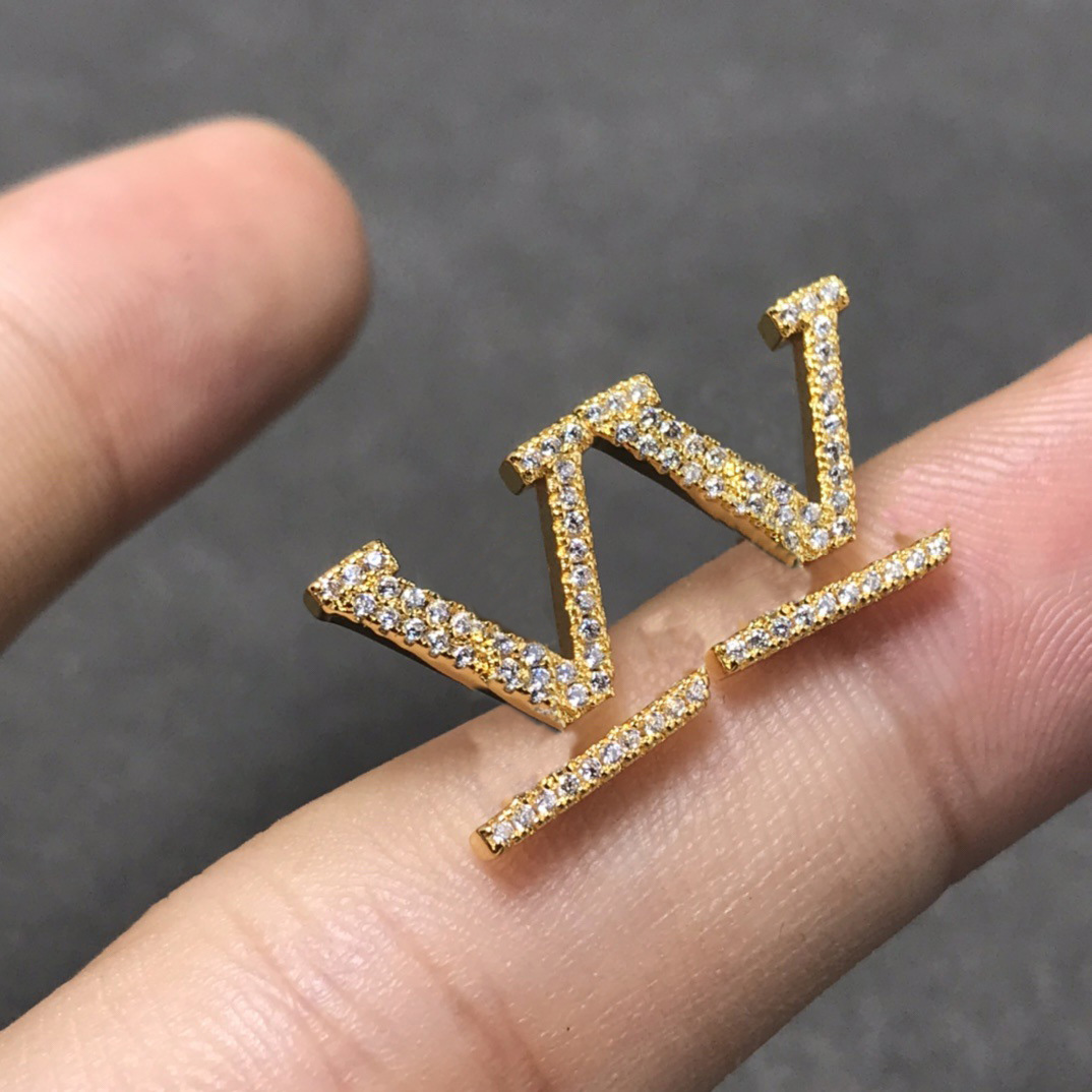 Gold Silver Color Luxury Earrings Extravagant V Letter Studs Full Diamonds Stainless Steel Earrings Fashion Jewelry