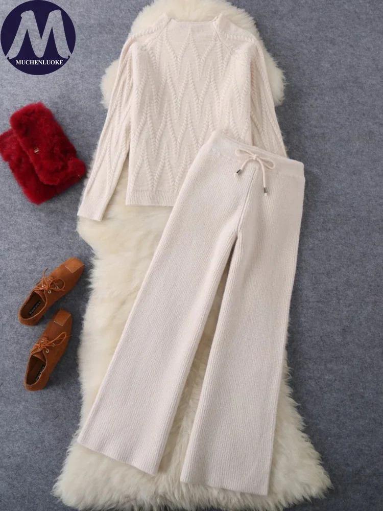Womens 2-piece set autumn/winter Korean fashion O-neck knitted sweater top casual loose lace upper wide leg pants set 241230