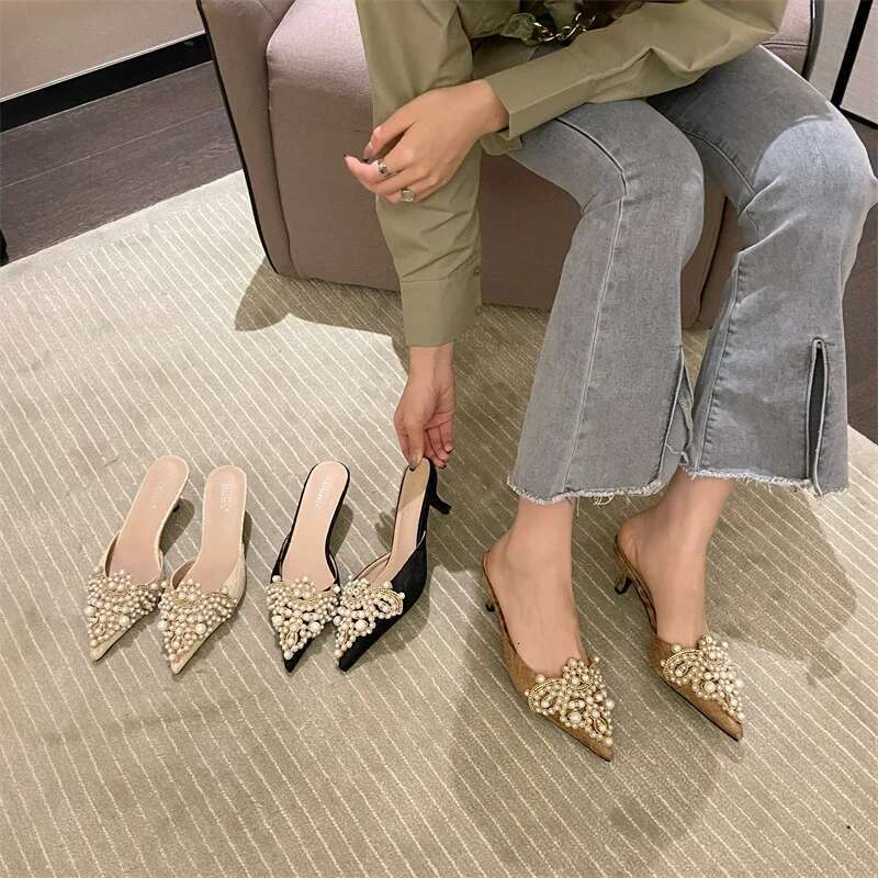 2024 New Fashion Pointy Head Pearl Half Slippers Fine Sandals Women's 42 Yards Middle Heeled Mules Shoes