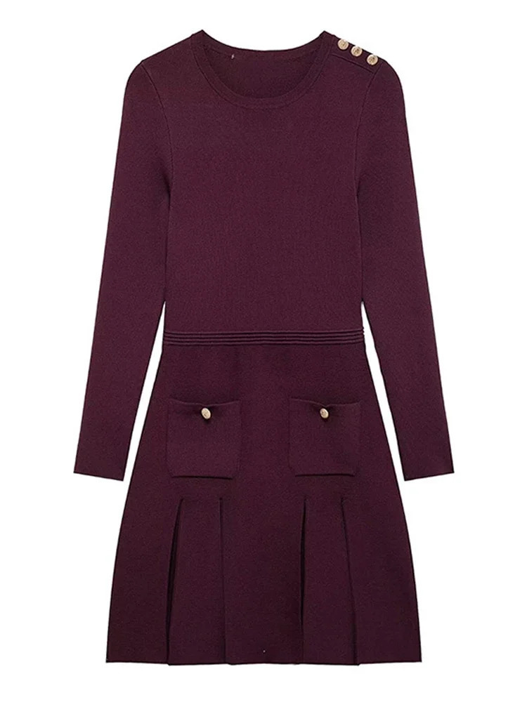 Elegant Solid Knit Dresses Women O Neck Full Sleeve A Line Pleated Button Dress Spring Fashion Casual Lady Vestidos 250103