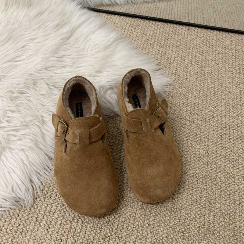 2025 slides slippers clogs Mao Shoes with Velvet Boken Single Shoes for Women Autumn/Winter Bean Shoes One Step Shoes Le Fu Shoes Leather Warm Cotton 