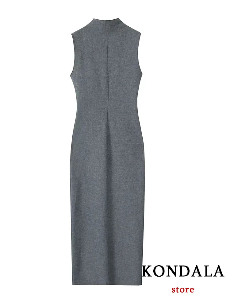 KONDALA Vintage Gray Straight Long Sleeveless Dress Women O Neck Front Split Sexy Party Fashion Autumn Winter Vestido 250103