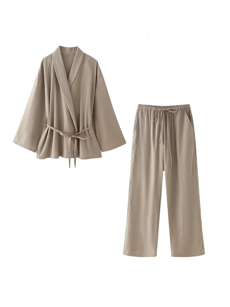 TRAF Womens Pants Set Solid Khaki Brushed Long Sleeve Khaki ShirtElastic Waist Wide Leg Pants 241230