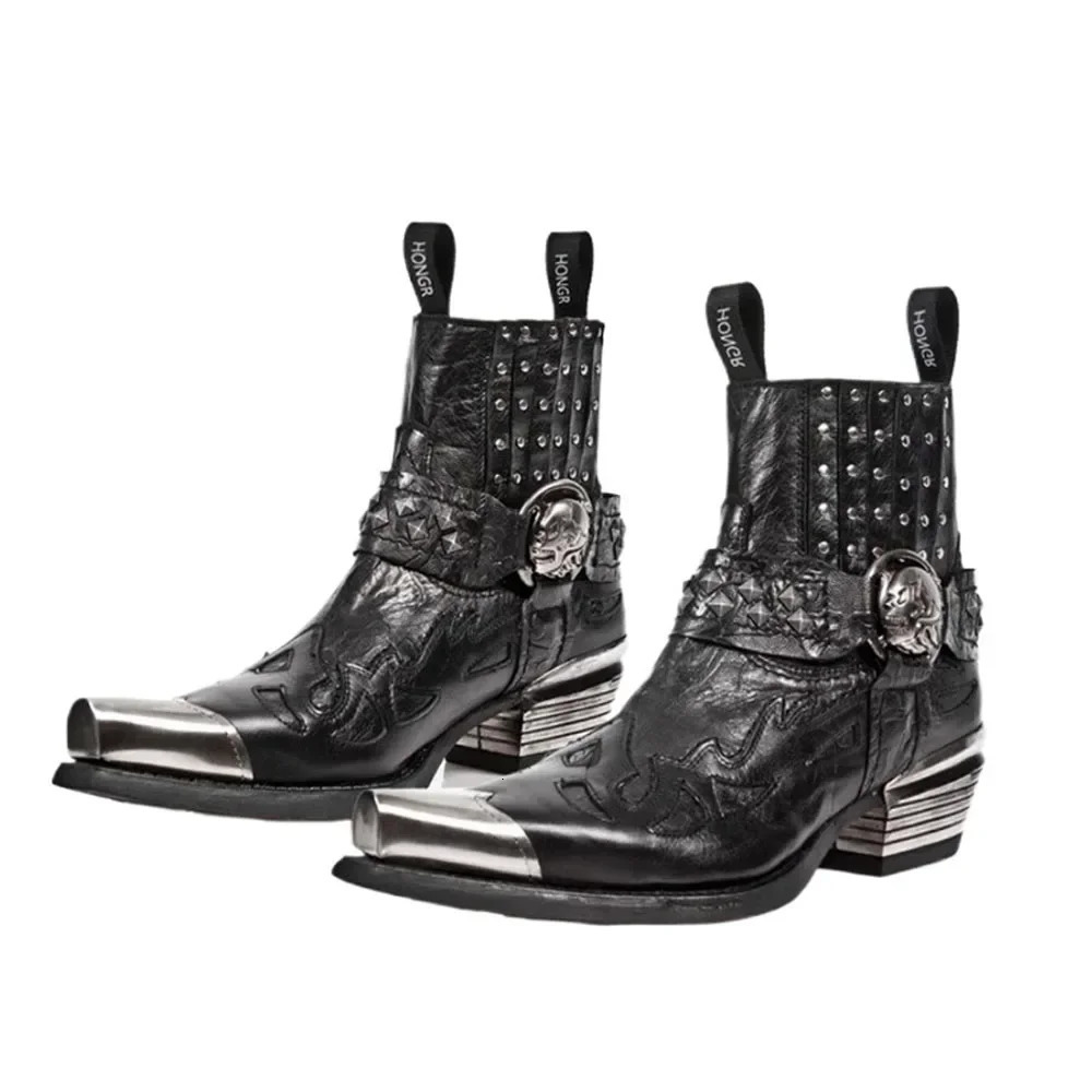 Retro Rivet Metal Decoration Western Cowboy Boots Square Toe Chunky Heel Print Pull On Heavy Work Shoes Punk Chelsea Ankle Boot 250106