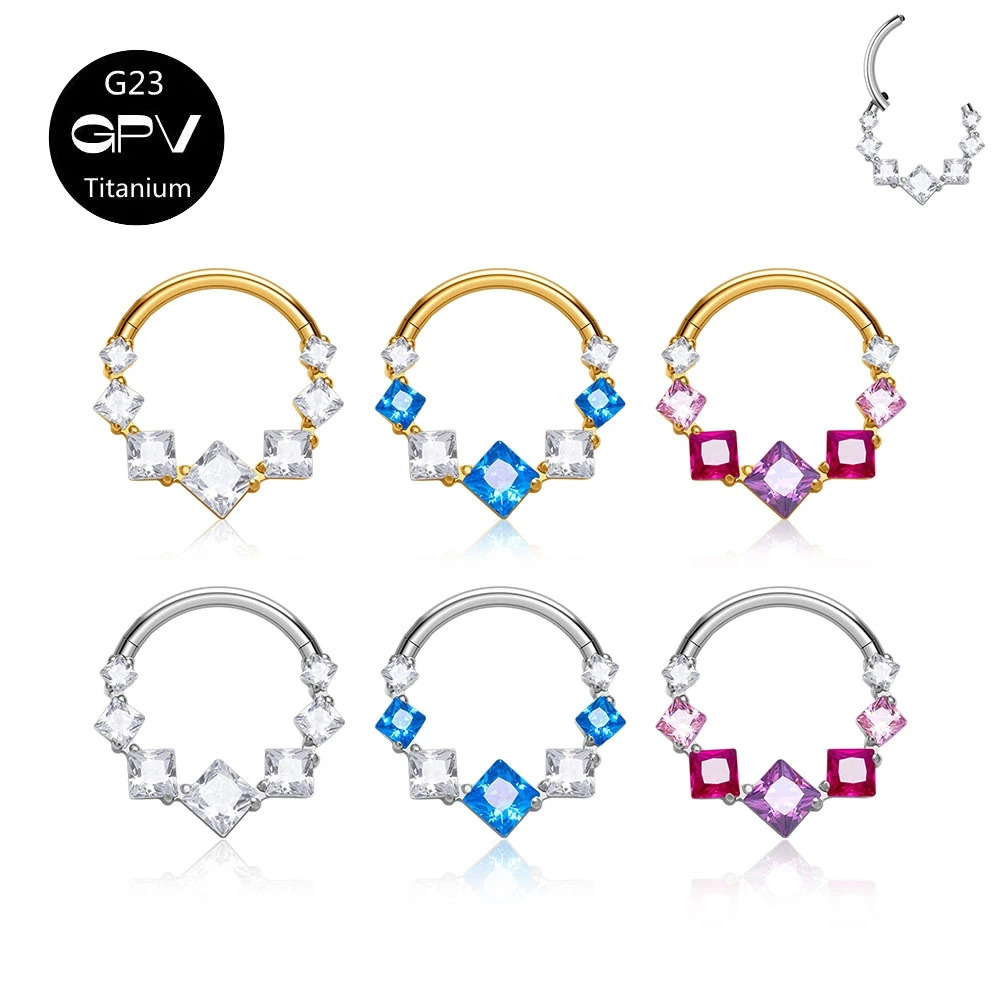 G23 F136 Nasal Diaphragm Ring Square Zircon Punk Mens and Womens Perforated Jewelry Nose Ring Earrings 250103