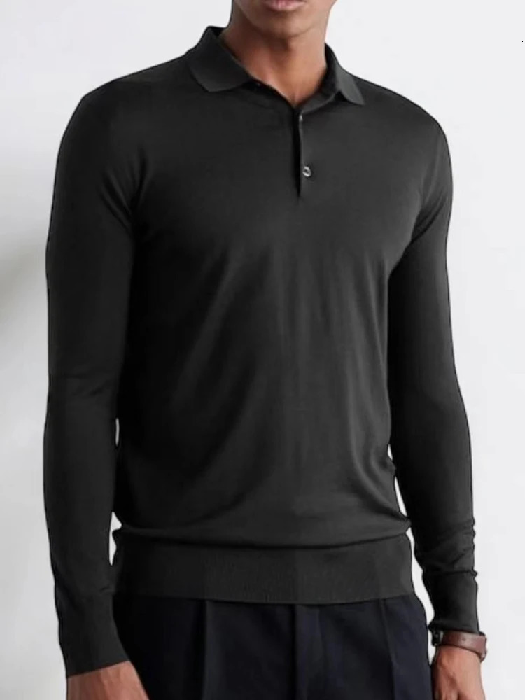Handmade Winter Cashmere Solid Color Mens Casual Long Sleeve Knitted Polo Shirt 250103