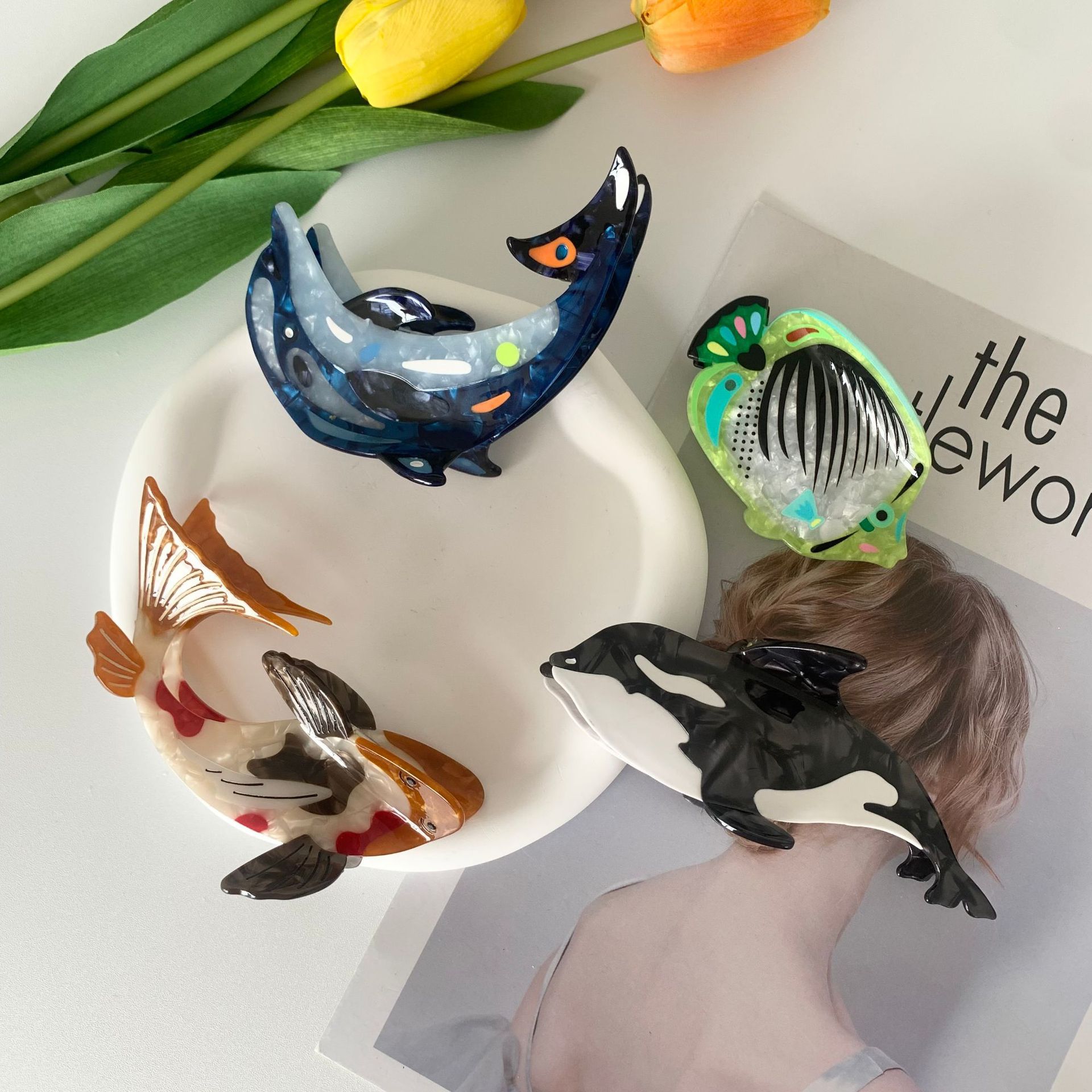 Niche design whale hair clips fall new orca scratch clip splicing large plate hair acetate hair card hair accessories clip