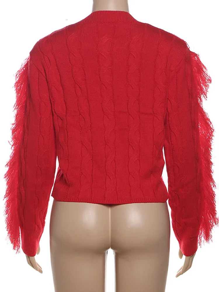 Trendix Tassel Long Sleeve Sweater For Womens Winter Slim O Neck Short Pullover Autumn Street Red Trendy Knit 250103