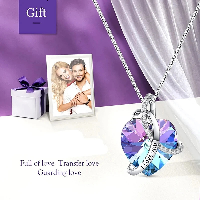 Fashion Purple Austrian Crystal Necklace I Love You Love Heart Shaped Pendant Necklaces for Women Christmas Valentines Day Gift 250106
