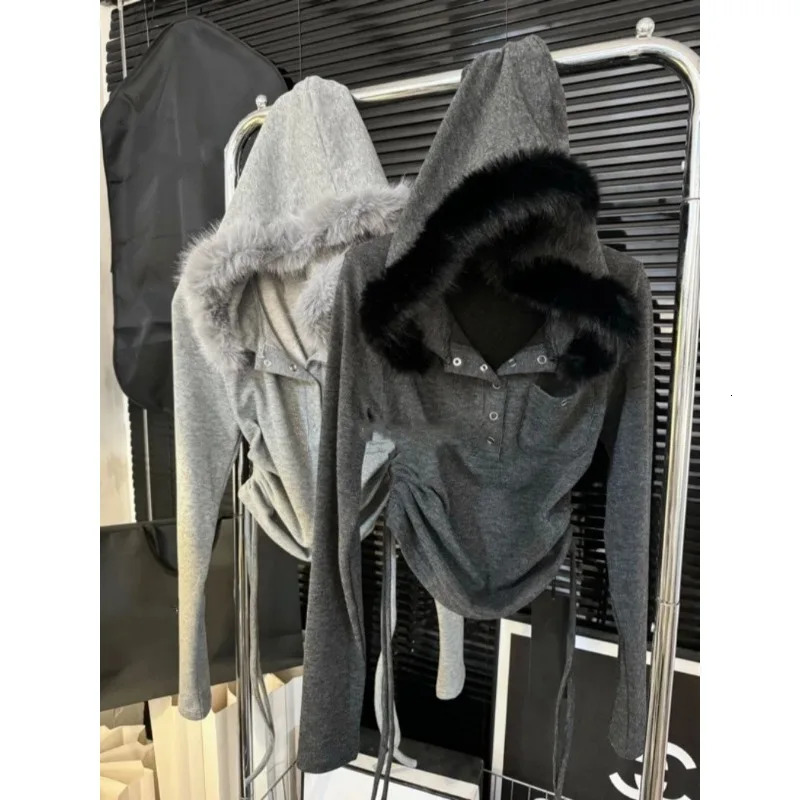 Korean simple casual temperament fashionable solid color plush hoodies for women 2025 grunge pleated versatile sexy tops ins 250106