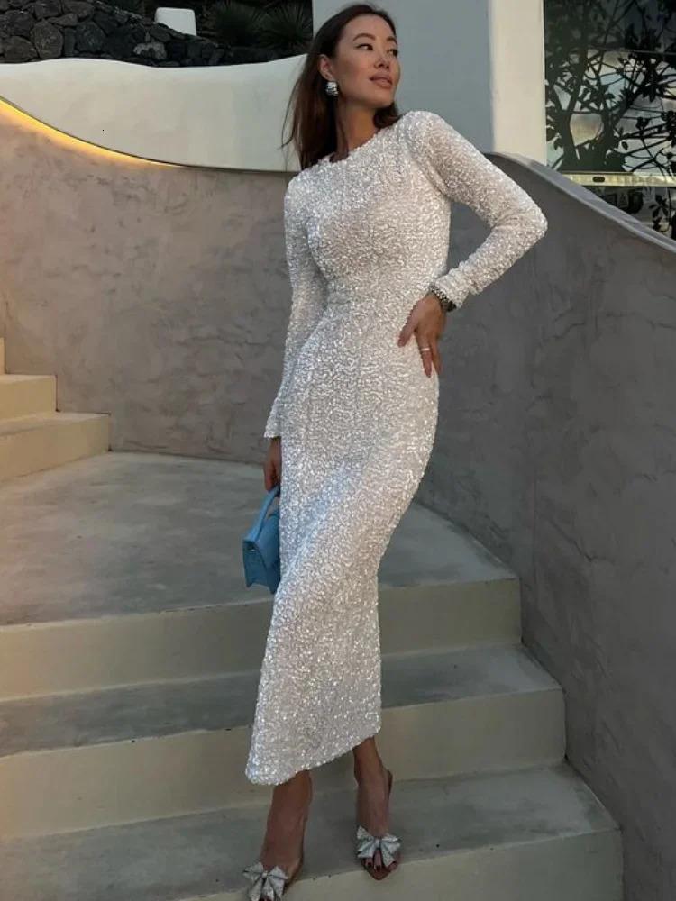 Elegant sequined womens long dress fashionable full sleeved O-neck womens Maxi dress 2025 fashionable and sexy party evening dress womens vest 250103