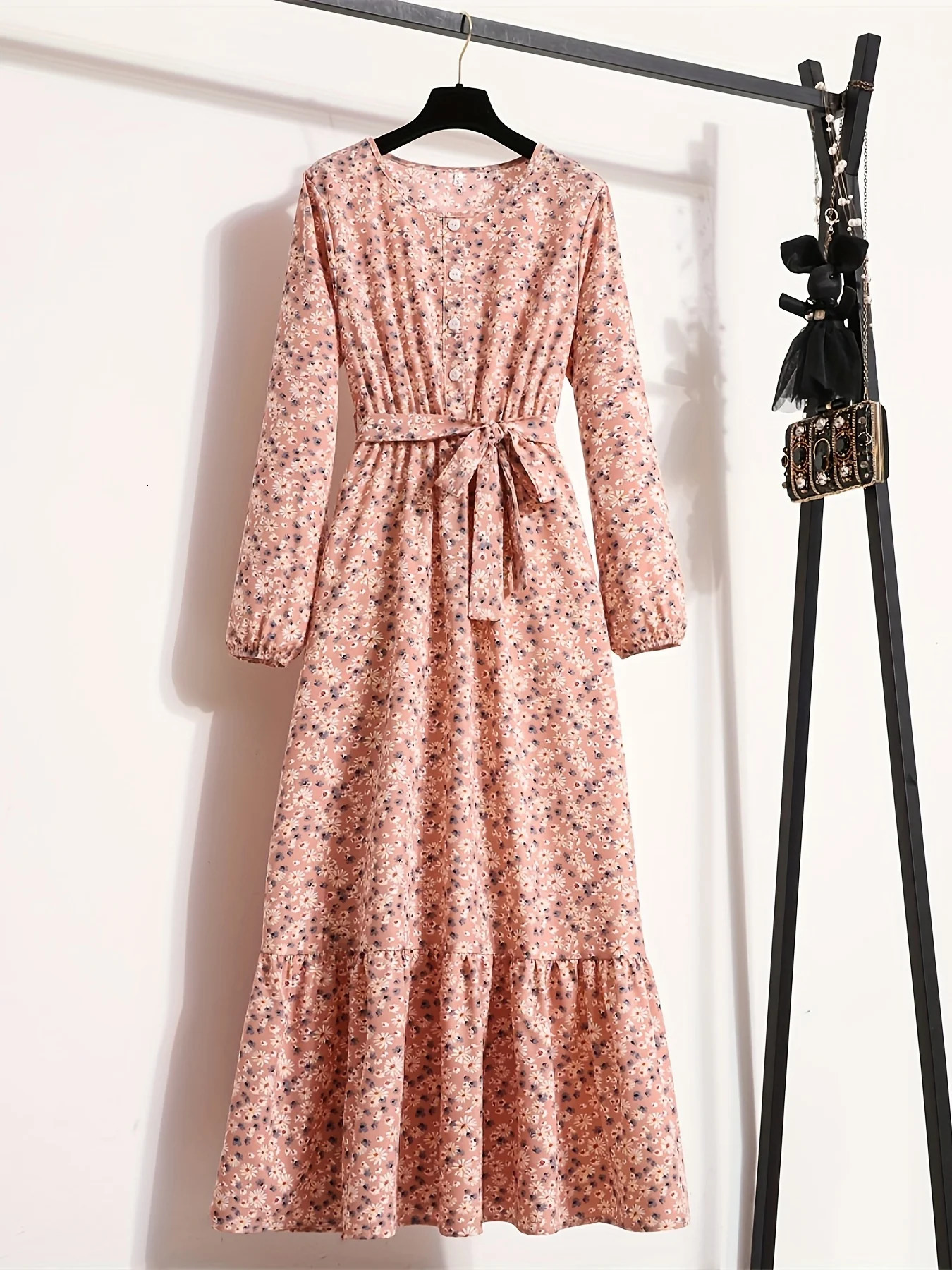 Ramadan Allover Print Maxi Dress Casual Button Front Long Sleeve Womens Clothing 250103