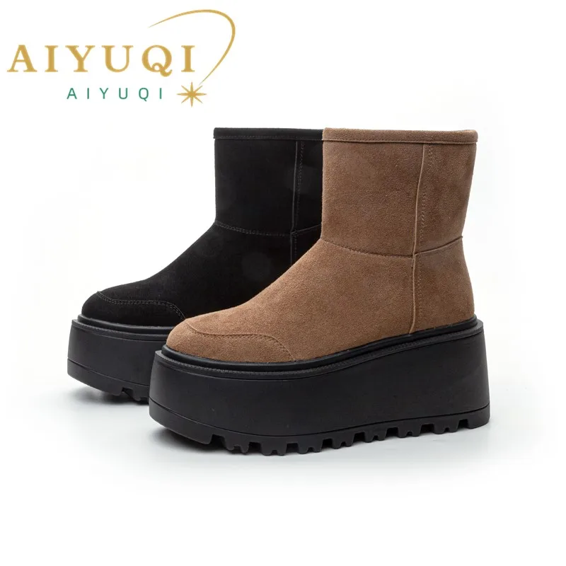 AIYUQI Snow Boots Women Platform Winter High Heel 8cm Warm Women Ankle Boots Simple Genuine Leather Women Booties