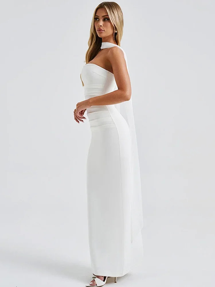 Elegant Strapless Long Dress Woman Mesh Sleeve Scarf Christmas Bodycon Backless Womens Dresses Party Evening Vestidos 250103