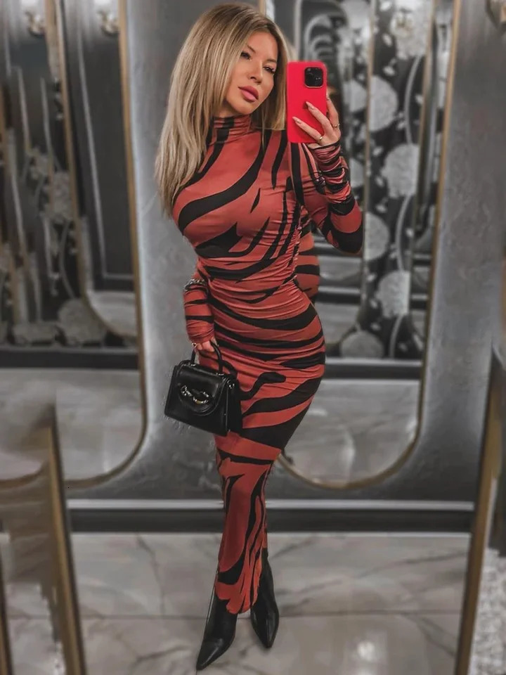Leopard Printed Female Maxi Dress Skinny Long Sleeve Sexy High Waist Fashion Summer Streetwear Womens 250103