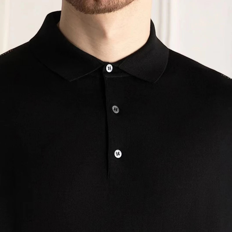 Handmade Winter Cashmere Solid Color Mens Casual Long Sleeve Knitted Polo Shirt 250103