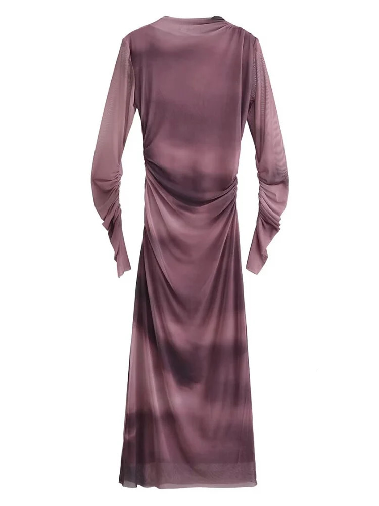 TRAF Womens Printed Chiffon Tight Dress 2025 Fashion Ruffle Elegant Long Sleeve Party Dress 250103