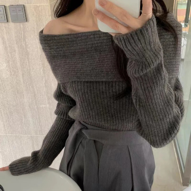 MEXZT Elegant Slash Neck Sweater Women Sexy Off Shoulder Black Knitted Pullovers Korean Aesthetic Knitwear Long Sleeve Jumpers 250103