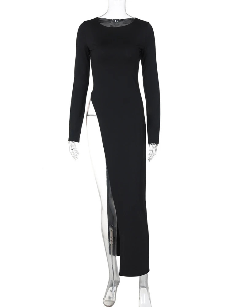 Trendix Black Asymmetrical Maxi Dress For Womens O Neck Long Sleeve Trendy Chic Top Club Party High Side Slit Dresses Autumn 250103