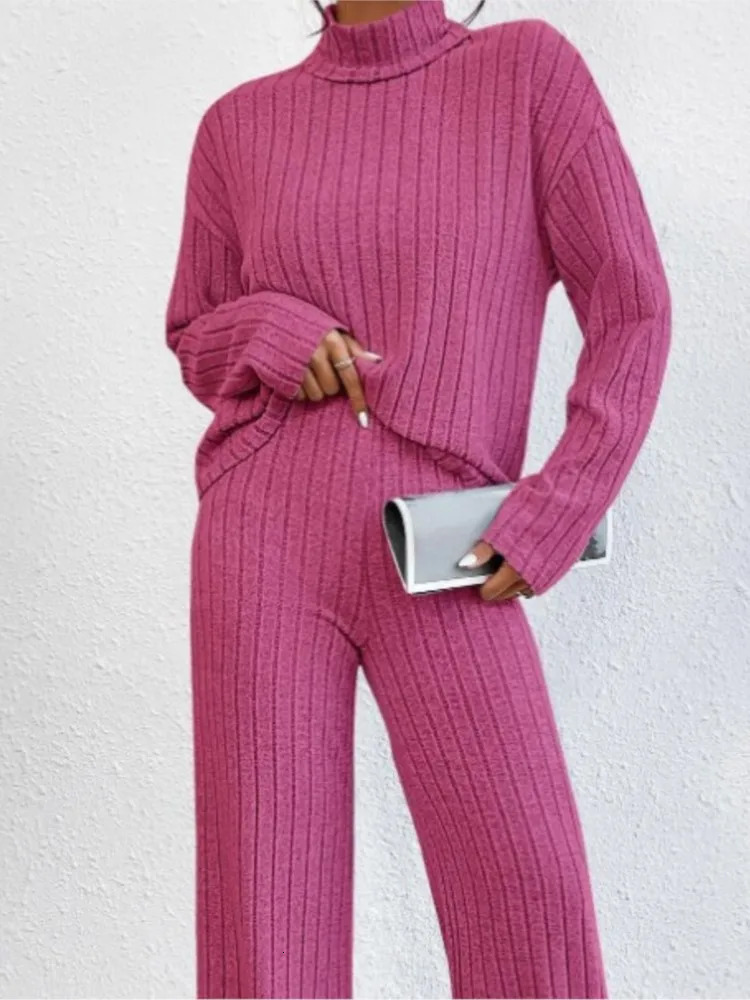 Casual solid color knitted pants set womens long sleeved turtle neck sweater loose mens two-piece set womens autumn and winter style 241230