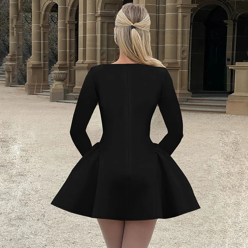 2025 Elegant Womens Mini Dress Long Sleeve A-Line Solid O-Neck High Waist Party Dress Zipper Tight Skirt N1222-3 250103