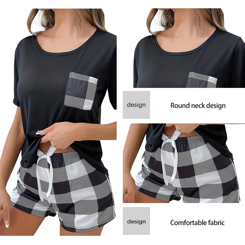 Two Piece Womens Black Checkered Casual Sleepwear Set Short Sleeved TShirt and Shorts Printed 250106