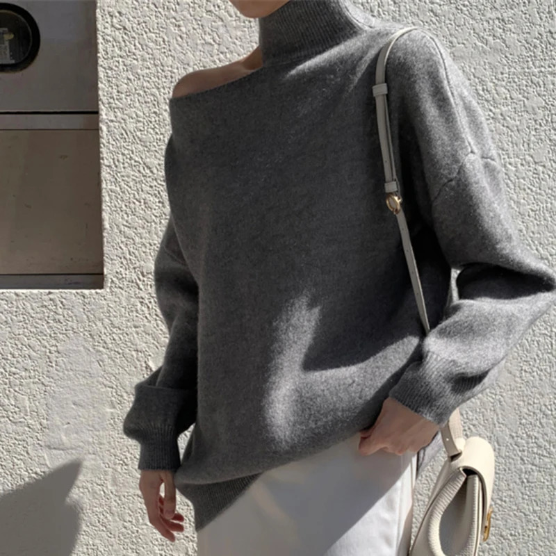 Women Hollow Out Sexy Sweater Turtleneck Long Sleeve Knitted Pullovers One Shoulder Causal For Autumn Winter 250103