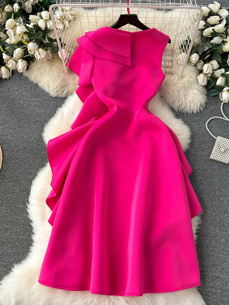 XFPV Womens Sleeveless Rose Red Ruffle Edge High End Slim Party Dress Vestidos Korean Fashion Autumn Winter 2025 SM9347 250103